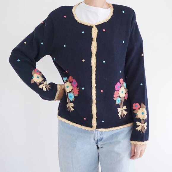 Christopher & Banks Floral Embroidered Cardigan Cottagecore Knit L - Picture 1 of 9